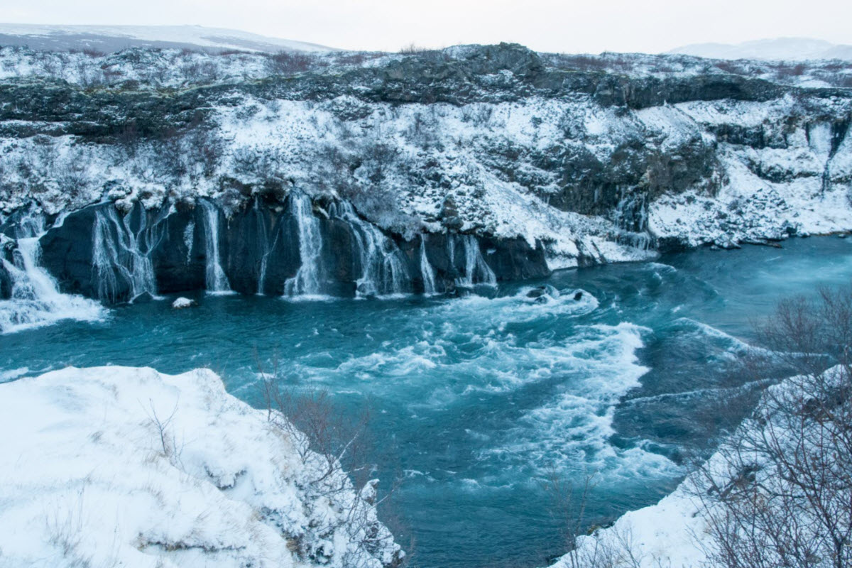 Winter time at Hraunfossar waterfall