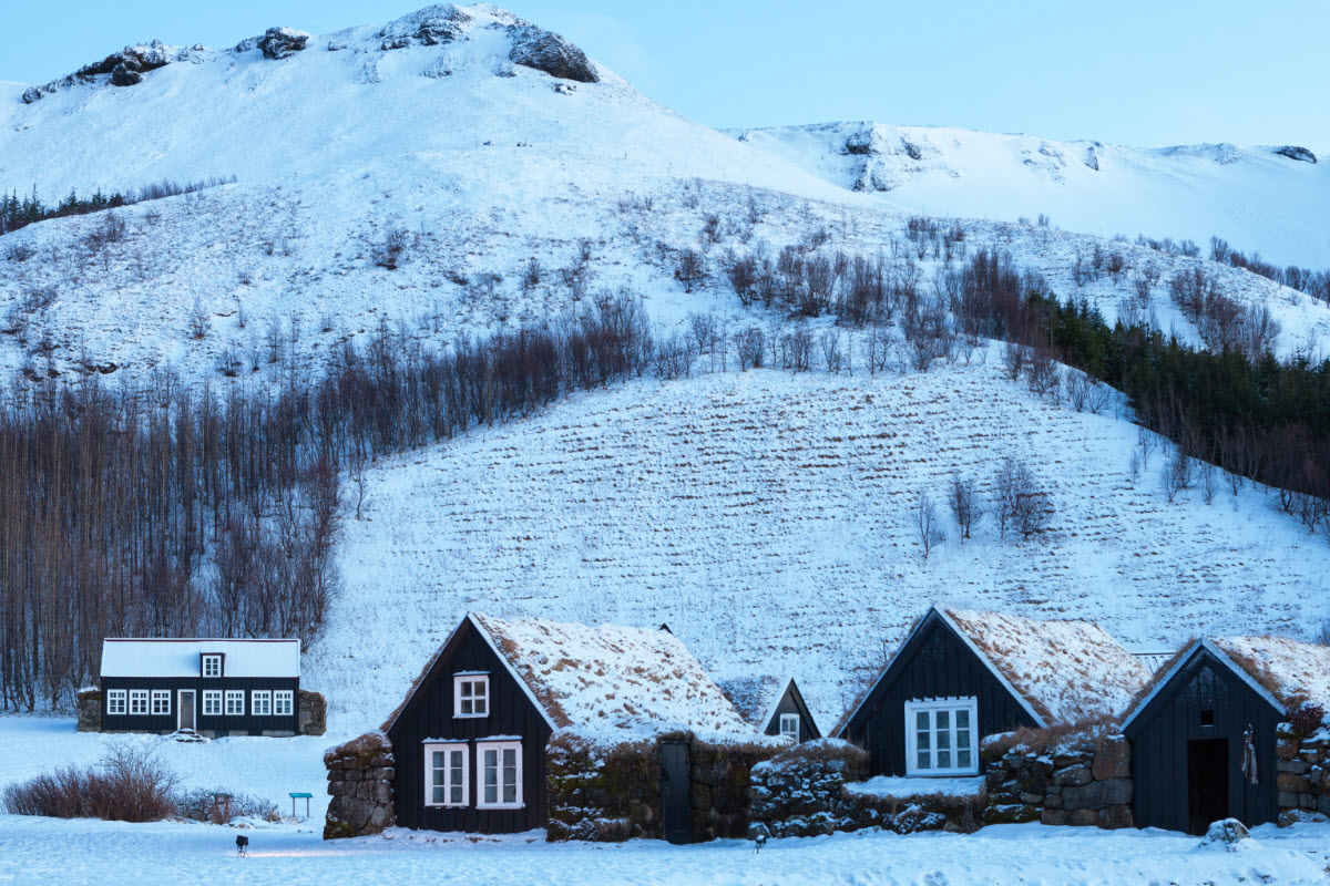 The old houses at Skógar during winter in Iceland