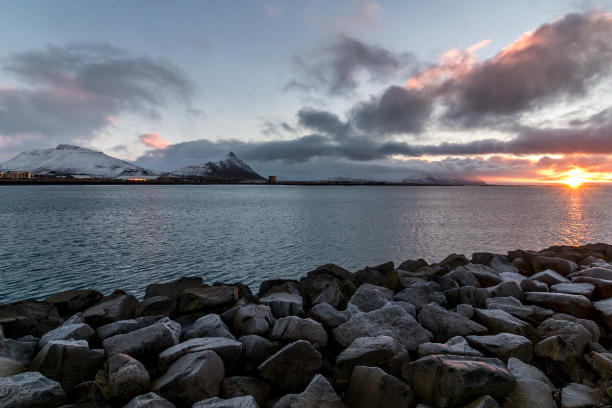 Sunrise view from Akranes harbor with Akrafjall Mountain in the background