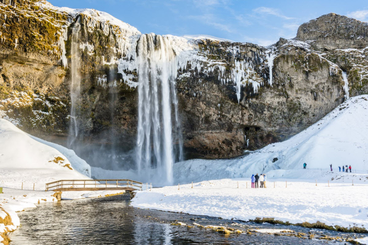 Seljalandsfoss Waterfall in South Iceland looks beautiful during the winter 