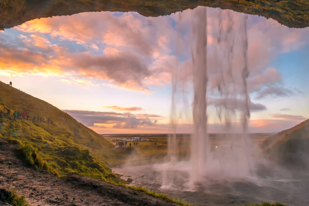 Sunset by Seljalandsfoss Waterfall in South Iceland