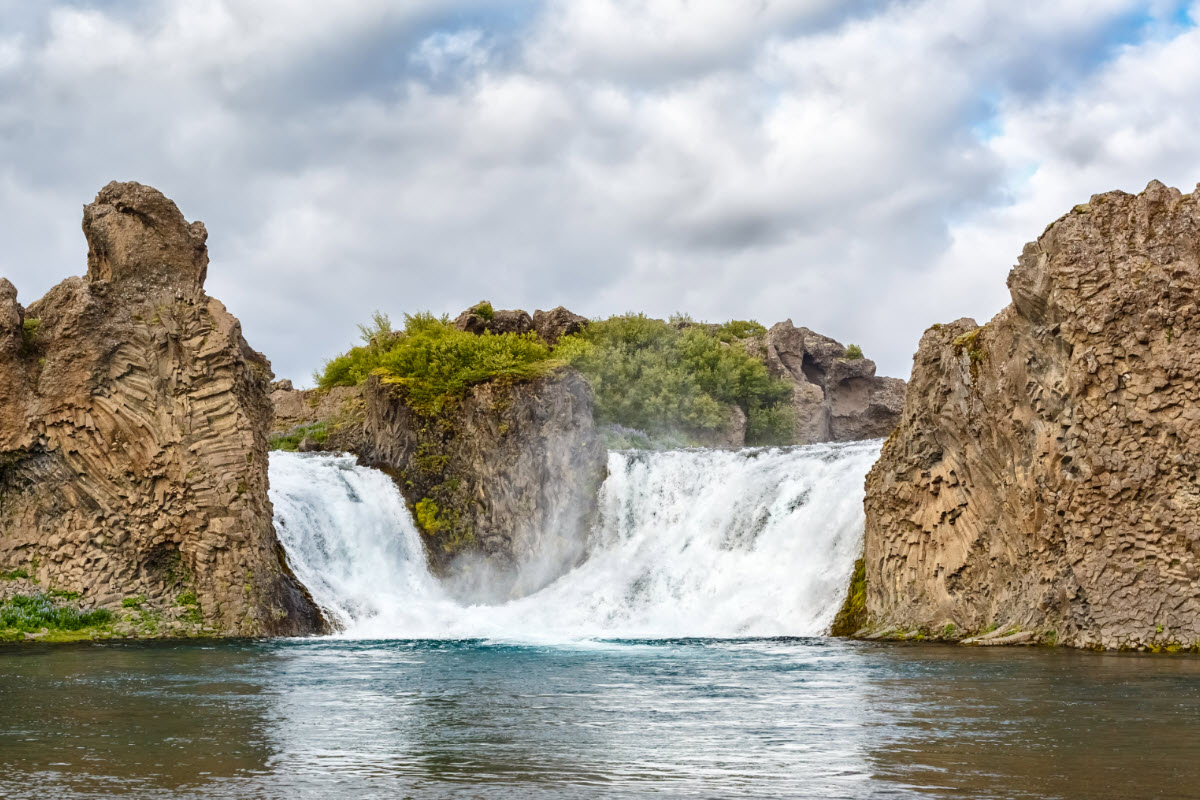 The view over the Hjalparfoss Waterfall in Iceland