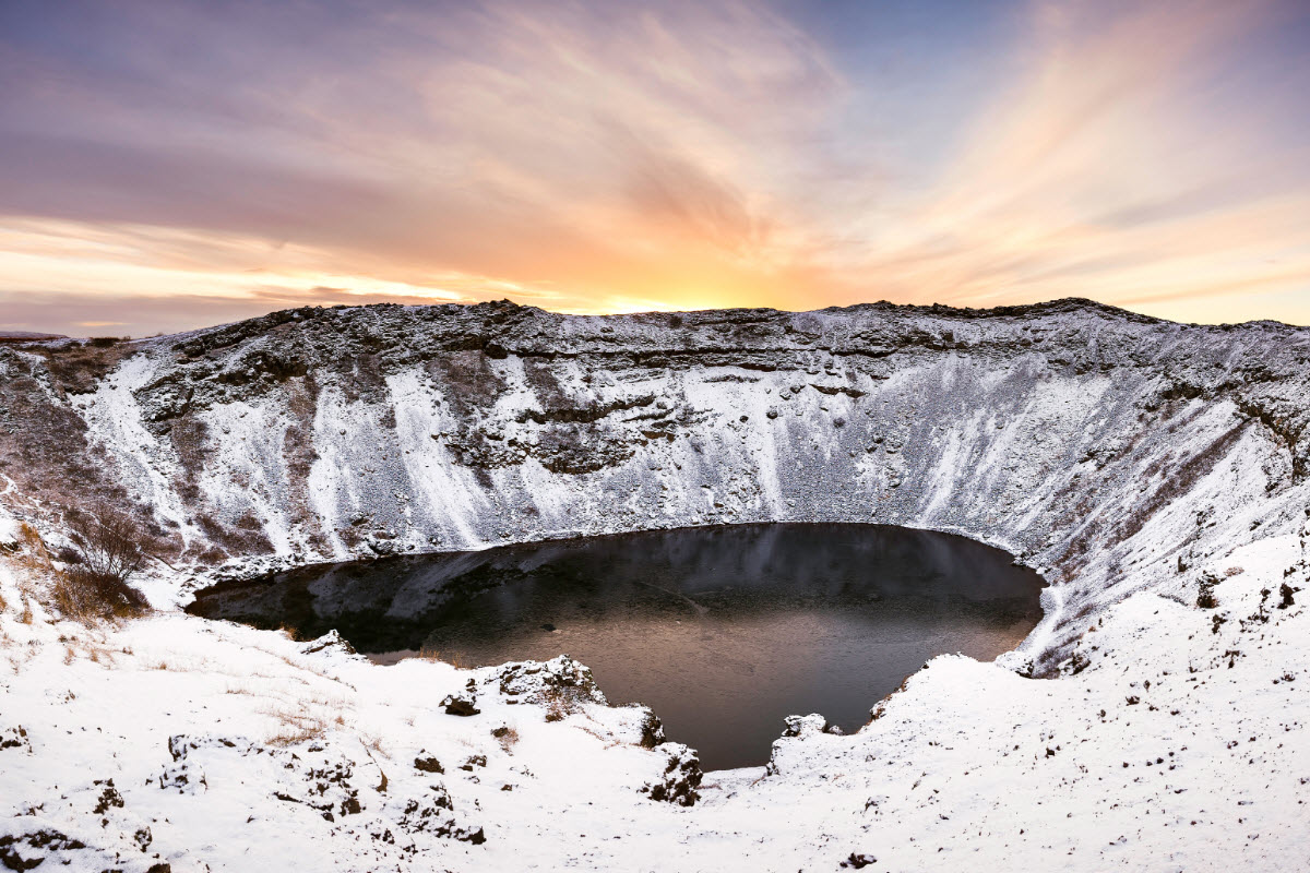 The landscape around Kerid is beautiful during winter in Iceland