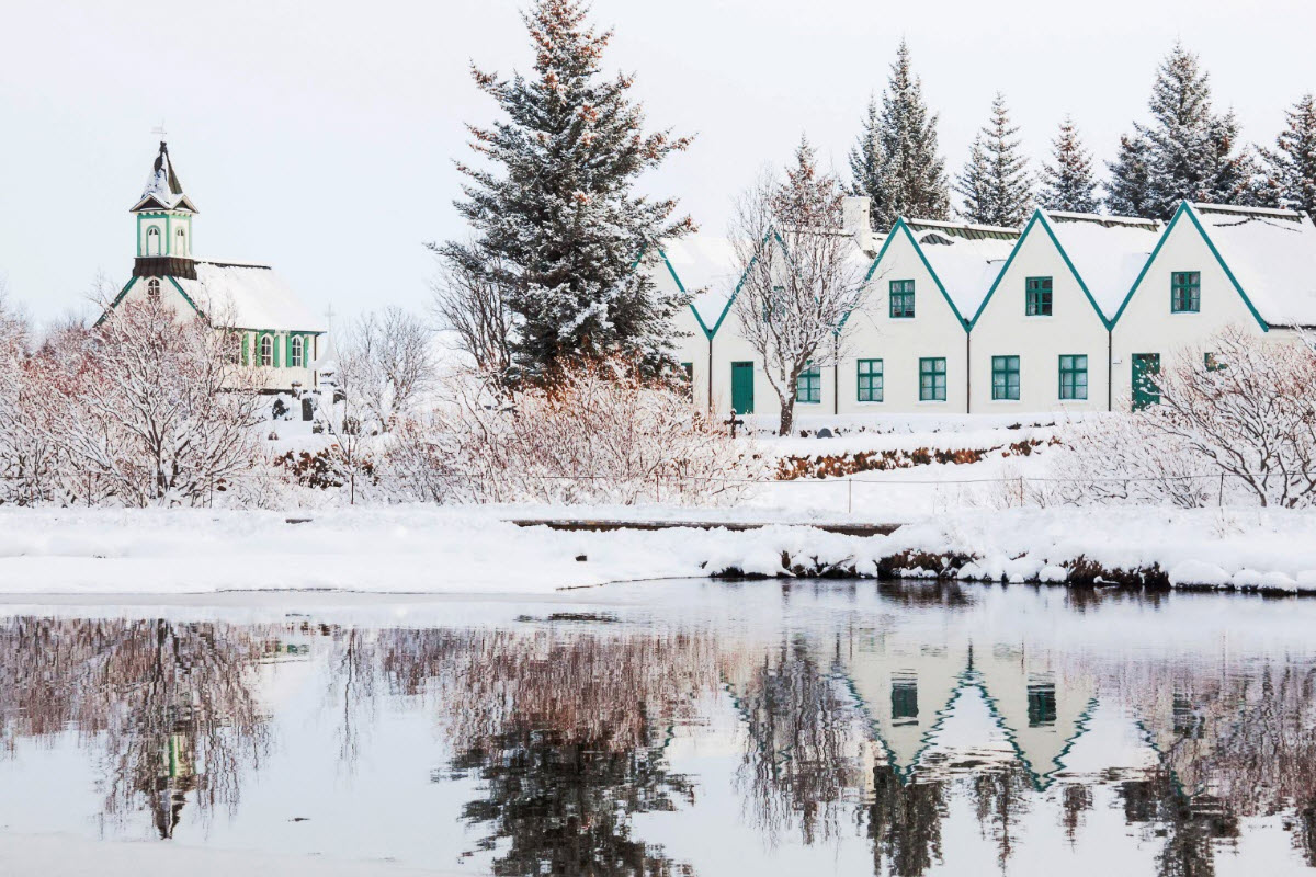 The church at Thingvellir National Park during winter in Iceland