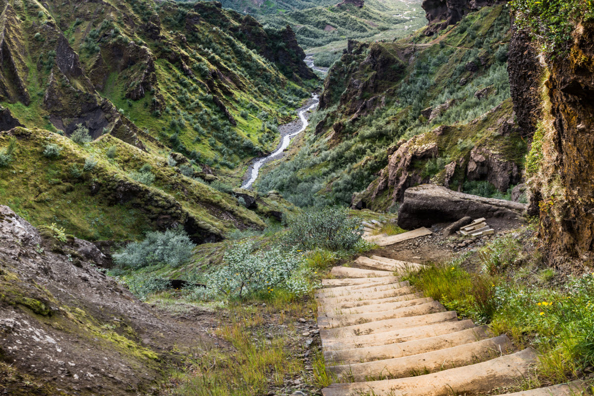 The stairs down to Thorsmork valley