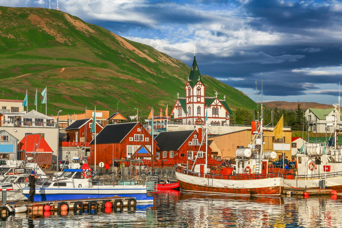 The colorful harbor in Húsavík