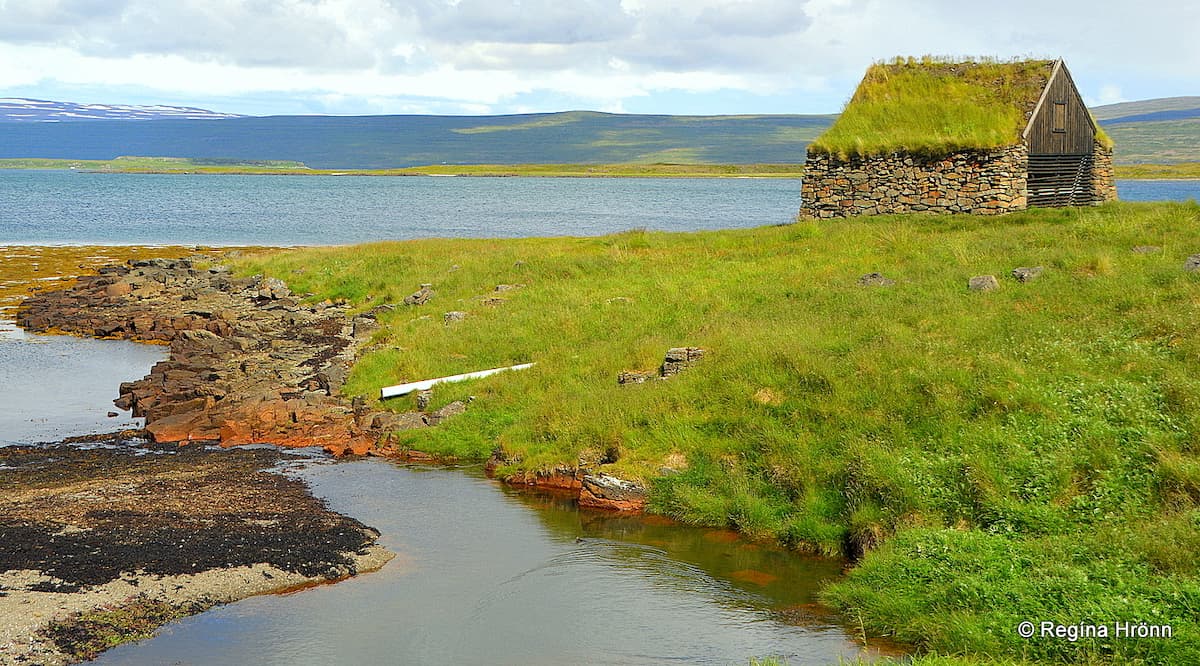 Turf shed, sea, Vatnsfjörður fjord